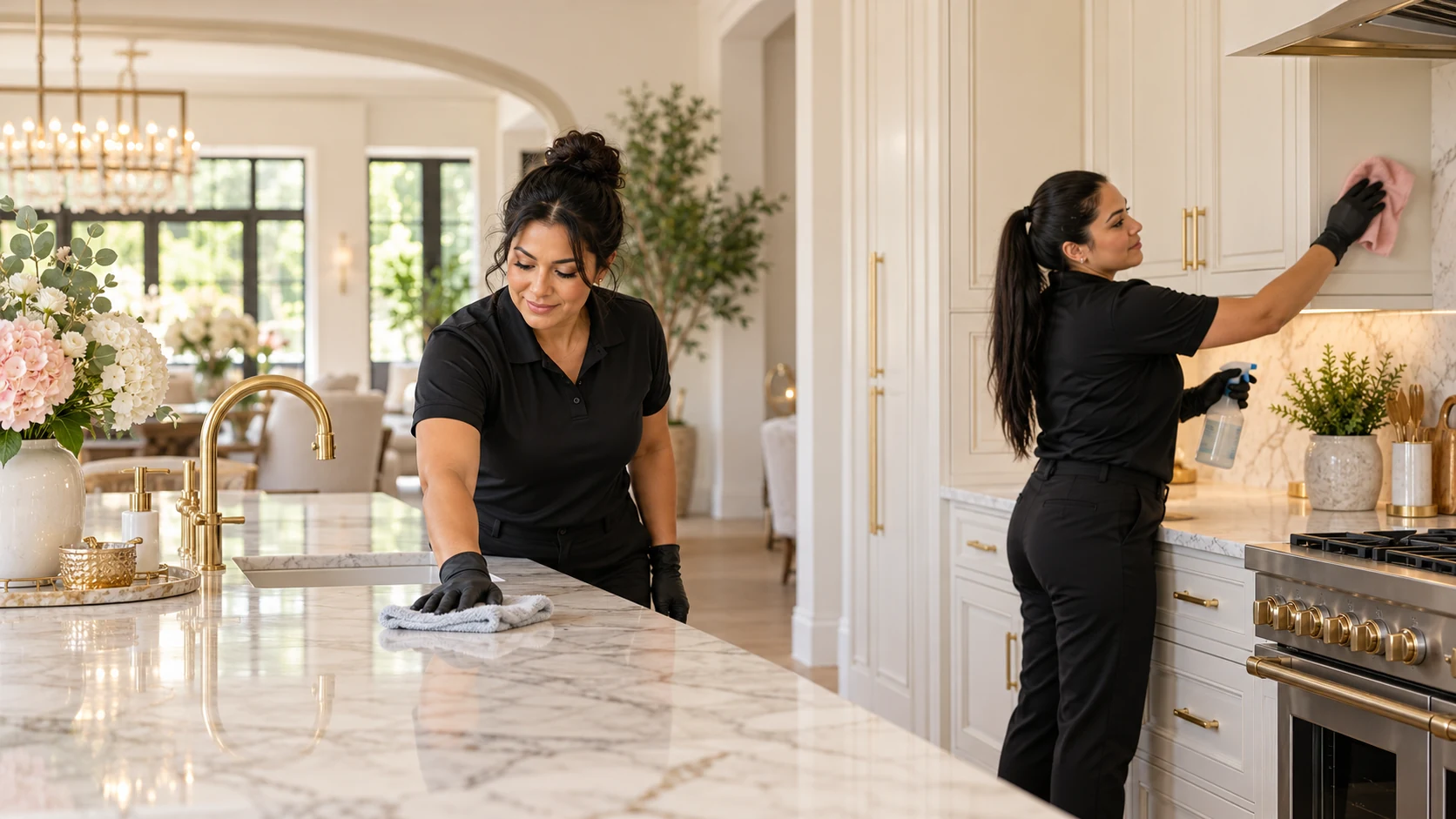 AI-created scene of two women in black collared shirts cleaning a sunlit marble kitchen