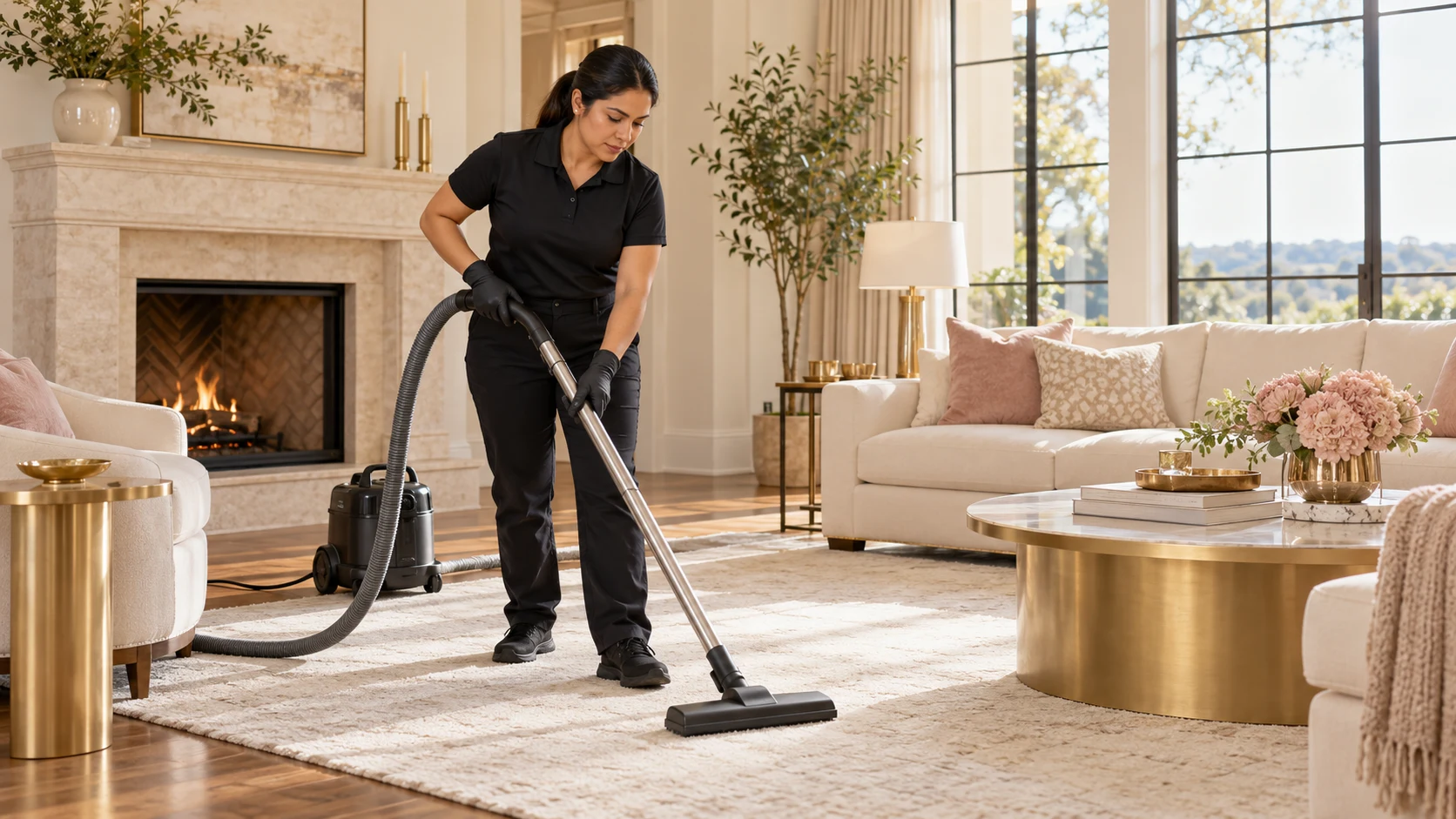 AI-created woman in a black collared shirt vacuuming a bright, elegant living room